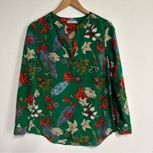 Women’s Medium Green Floral Blouse Long Sleeve Colorful‎ Cottagecore Office